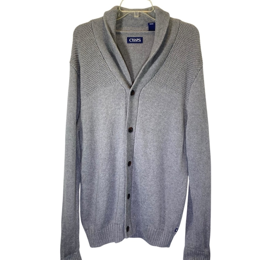 CHAPS Men's size Large Cardigan Shawl Collar Button Front Knit Sweater Gray